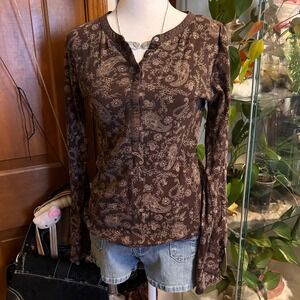 Y2K Faded Glory Brown Paisley Print Twee Henley Long Sleeve Top Women's Size M